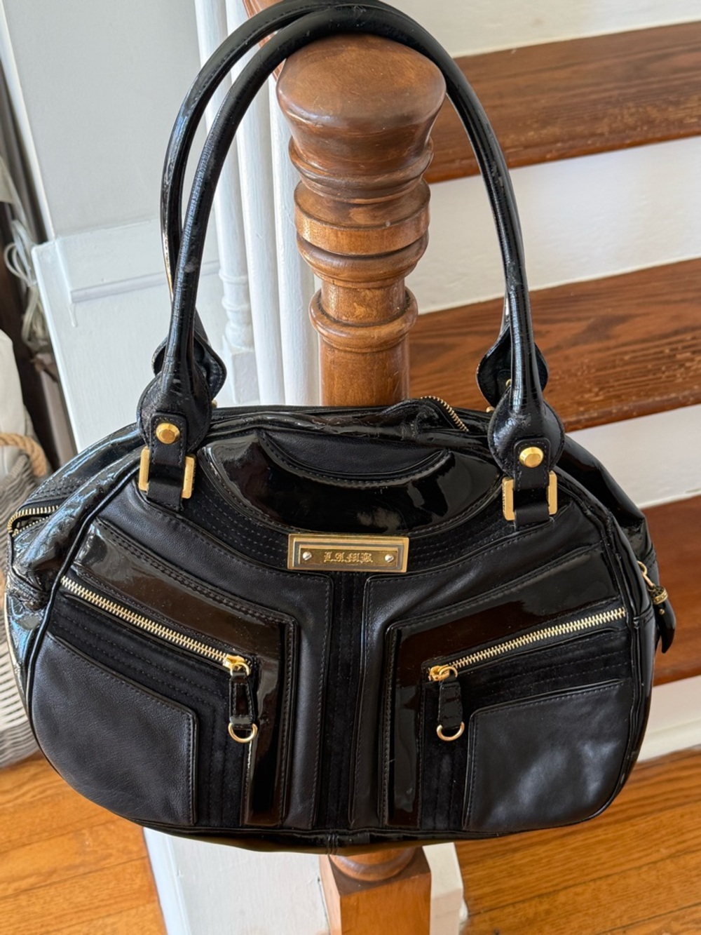 L.A.M.B. Black Patent Leather Satchel Handbag with Gold Hardware